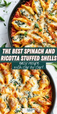 Make dinner simple and tasty with spinach and ricotta stuffed shells. These stuffed pasta shells combine 3 cheeses, garlic, and Italian seasoning, baked with marinara sauce. A perfect vegetarian dish.