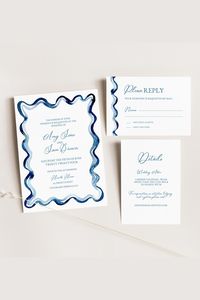 Blue watercolor squiggle wedding invitation suite, editable and printable