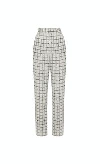 Checked cotton blend tweed bouclé tailored trousers with front zip, hook and bar closure.