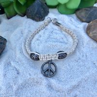 Handmade - Smoke Free Home Cream Hemp With Silver Color Flower Beads And Peace Sign Charm - Metal Clasp - 7” Long Tags: Festival, Beach, Concert, Gift, Present, Jewelry