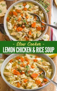 Crock Pot Chicken and Rice Soup. Made with brown rice, fresh vegetables, chicken broth, and lemon, this healthy crockpot soup is easy to make, hearty, and filling! #wellplated #slowcooker #crockpot #soup