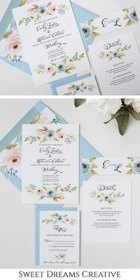 The lovely Harper suite feature dusty blue and blush watercolor florals perfect for a late summer or early fall wedding. An elegant script highlights your names and a monogram belly band adds a personal touch. Light blue envelopes are unique and lovely. - rustic wedding, boho wedding, spring wedding, autumn wedding, wedding ideas