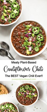 This plant-based cauliflower bean chili is the best, most delicious wfpb chili. The cauliflower ‘meat’ perfectly replaces what would be ground beef in traditional chili. Hearty and filling, this chili is the perfect combination of flavors and is sure to become a favorite for everyone. #plantbased #vegan #veganrecipe #plantbasedrecipe #healthyrecipe #chili #cauliflower #fallrecipes #veganfood #wfpb #wholefoods #healthychili #cauliflowerchili