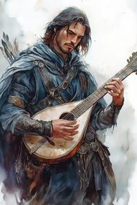 Faroth Arrayen stands with a lean silhouette, adorned in a long, midnight-blue tunic stitched with silver thread forming interlocking geometric patterns. His shoulders drape with a cloak of jet-black raven feathers, each glistening subtly in the light. His auburn hair, slicked back, forms a sharp widow’s peak, revealing a pair of steel-gray eyes. An elegant lute with ivory inlays is slung across his back. #human #bard #dnd #5e #dungeonsanddragons #fantasyart #dndcharacternames