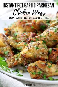 These Instant Pot Garlic Parmesan Chicken Wings are an amazing appetizer recipe! Crispy and golden chicken wings, with no frying! Plus the cheesy garlic flavor is a delicious, kid-friendly combination. #InstantPotRecipes #ChickenWingRecipes #GarlicParmesanChicken #FootballAppetizers #GameDayRecipes #TasteAndSee