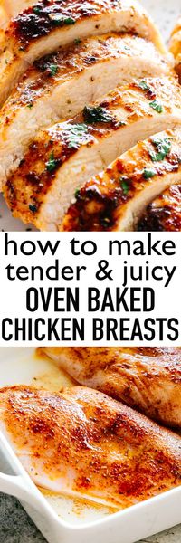 Juicy Oven Baked Chicken Breasts - These juicy oven baked chicken breasts come out perfect every time! Say goodbye to dry chicken with this easy recipe for tender & flavorful chicken breasts.  #ovenbakedchicken #chickenbreasts #chickenrecipes #bakedchicken #dinnerrecipes #healthyrecipes #ketorecipes #lowcarbrecipes