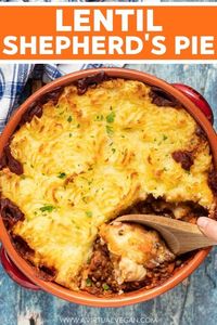 This is the ultimate vegan lentil shepherd’s pie from A Virtual Vegan, featuring rich, flavorful, saucy lentils topped with fluffy, creamy mashed potatoes and baked until deliciously golden brown and crispy. This recipe is healthy, comforting and filling! Perfect for a family dinner on a busy weeknight! #lentilrecipes #veganshepherdspie #vegan #recipe #dinner #lentils