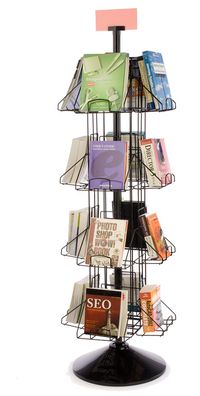 16-Pocket Wire Book Stand for Floor, Rotating, with Header Clip - Black