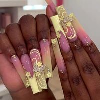 24pcs Pink And Yellow Gradient Press On Nails With 3d Flower Butterfly Design - Rhinestone Stick On Nails For Easter - Long Square Shape False Nails For Women And Girls Color Tone: Yellow Nail Shape: Square Shape Nail Length: Super Long Nail Pattern: Flower,Gradient Nail Finishes: Glossy