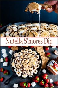 An easy take on s'mores, this two ingredient dessert is the perfect end to any summer gathering. Quick to make and super delicious, Skillet Nutella s'mores dip will be an instant favorite. #smores #desserts #recipes #chocolate #Nutella