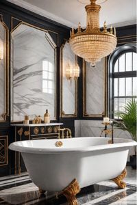 See how black and gold accents can transform your bathroom into a sophisticated retreat. Get inspired by this show-stopping art deco design!