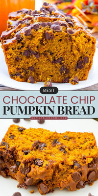 Learn how to make the Best Chocolate Chip Pumpkin Bread for a simple pumpkin dessert! This homemade bread is moist and full of pumpkin spice flavors and melted chocolate chips. It makes a simple Fall recipe or Thanksgiving dessert idea!