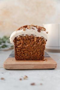 carrot cake loaf with brown butter cream cheese frosting