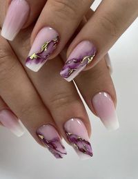 24Pc Coffin Press-on Nails set in ombré pink with purple & Gold Marble Accents. Perfect way to add a touch of fun to your look in a flash! Whats Included: FULL SET(24 nails) Application instructions  Cuticle pusher Nail glue  Nail glue stickers Mini nail file Alcohol wipes X2