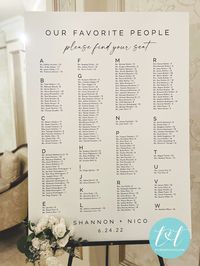 "Our FAVORITE PEOPLE Wedding SEATING Chart Poster  | Custom Digital Download | Print on Your Own CAN BE CUSTOMIZED FOR ANY EVENT!! Anniversary, Engagement, Shower, Birthday Please  choose a SIZE you would like ( 11x14\", 18x24\", 16x20\", 20x30\", 24x36\", 32x42\" )   Please put that in the notes to seller at checkout.  After purchase you can send your SEATING NAMES and TABLE Numbers via etsy message or email me at: ttcreativeone@gmail.com ----------------------WHAT IS INCLUDED? ----------------