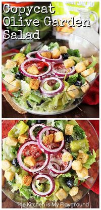 Copycat Olive Garden Salad & Dressing ~ Love Olive Garden salad? Enjoy it at home! With this copycat recipe, you can easily whip up a bowl of this restaurant favorite yourself and enjoy it at home. It's the perfect salad to go with just about any everyday meal. #olivegardensalad #copycatolivegardensalad #saladrecipe www.thekitchenismyplayground.com