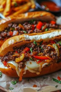 Ingredients: 1 lb ground beef 1 tbsp olive oil 1 large onion, chopped 2 bell peppers (red & green), diced 3 cloves garlic, minced 1 can (14 oz) diced tomatoes, drained 1 tsp paprika 1 tsp cumin 1/2 tsp salt 1/4 tsp black pepper 2 cups shredded cheddar cheese 1/2 cup mozzarella cheese 1/4 cup fresh parsley, chopped (for garnish) 4 cups cooked rice or pasta Instructions: Heat olive oil in a skillet over medium heat. Add onions and garlic; sauté for 2 minutes. Add ground beef, breaking it up, and cook until browned. Drain excess fat. Stir in bell peppers, diced tomatoes, paprika, cumin, salt, and pepper. Simmer for 5 minutes. Sprinkle shredded cheddar and mozzarella over the beef mixture. Cover until the cheese melts (about 2 minutes).