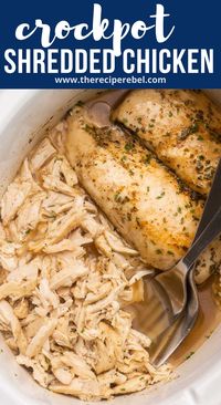 This Crockpot Shredded Chicken is easy, flavorful and a great way to meal prep for the week ahead! How to make slow cooker shredded chicken including tips, tricks and additional recipes. #slowcooker #crockpot #chicken | chicken breast | shredded chicken | pulled chicken | easy chicken recipes | easy dinner ideas | crockpot meals