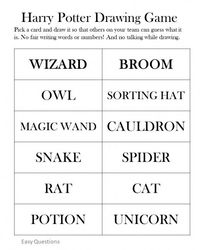 Harry Potter Drawing Game - Easy Level    Play pictionary with this easy set of words from the Harry Potter books -- book clubs, parties, children's books, fantasy books for kids, games, printables