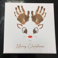 Personalised Baby Handprint Christmas Cards Why not use a babyhand print to make a cute little Reindeer Christmas Card? These cards will come without the antlers for you to add your own! Please make sure you choose the right size for your infants hand size - Base on the longest part of the hand: 6x6inch -  up to 7cm height for the antlers 8x8inch - up to 12cm height for the antlers If you wanted extra Writing at the bottom that is no problem at all; E.g Merry Christmas from Jacob or Jacob's Firs