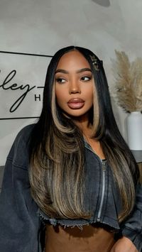 Black Long Hair Blonde Highlights Balayage Aesthetic Cute