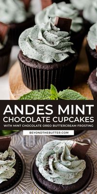 These Mint Chocolate Cupcakes are incredibly moist and chocolatey with a mint chocolate ganache filled center that are topped with a creamy mint chocolate frosting! If you're a big fan of mint chocolate chip ice cream, then you will LOVE these cupcakes! Recipe on BeyondtheButter.com | #mintchocolate #mintchocolatecupcakes #andesmints #chocolatecupcakes #beyondthebutter