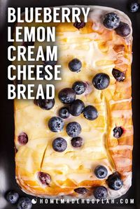 Blueberry Lemon Cream Cheese Bread! Decadent and cake-like, this blueberry lemon cream cheese bread is infused with lemon flavor, laced with fresh blueberries, and swirled with sweet cream cheese. | HomemadeHooplah.com