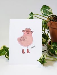 Scribbly bird wearing a cowboy hat and boots printed on premium matte 5x7 inch paper