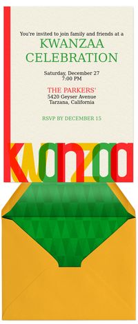 Celebrate Kwanzaa with this premium digital Evite invitation. You can track RSVPs, manage your guest list, post comments, and share photos through your invitation page before, during, and after your event. Plus, create polls or ask for guest contributions in a custom �What to Bring� list.