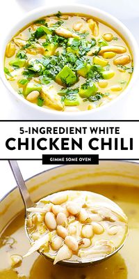 This 5-Ingredient White Chicken Chili recipe is easy to make in just 15 minutes and SO delicious! The perfect quick soup recipe when you are craving Mexican food for dinner. | gimmesomeoven.com #chicken #chili #soup #mexican #glutenfree #healthy #dinner