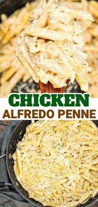 Chicken Alfredo Penne is an easy stove top pasta recipe loaded with shredded rotisserie chicken all tossed in a creamy garlic parmesan sauce.