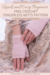 This quick and easy fingerless gloves pattern is a free tutorial that is simple enough for beginners to crochet. The DIY hand warmers pattern uses single crochet stitches which create an elegant look for women, kids, and toddlers! These fingerless mitts are fast crochet projects to make in an afternoon and make great easy crochet gift ideas. Find this free crochet pattern idea for your next project on Kirsten Holloway Designs.