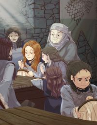 Sansa and Arya doing needlework