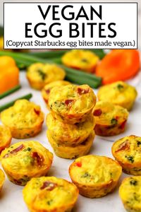 These vegan egg bites are just like the Starbucks ones but made without meat, eggs, or dairy. These bite-sized egg muffins are packed with veggies, making the perfect grab-and-go breakfast.  Made with your choice of Just Egg or chickpea egg. thehiddenveggies.com