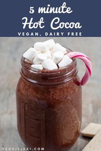 Delicious 5 Minute Vegan Dairy Free Hot Chocolate!  Click Through for the Recipe, or Save to Try Later! #veggielexi #vegan #veganrecipes #dairyfree #hotchocolate