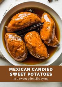 Camote enmielado, or Mexican candied sweet potatoes, is a traditional Mexican dessert made from sweet potatoes cooked in a piloncillo syrup.