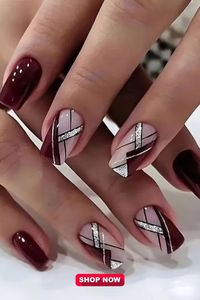 24pcs Glossy Medium Square Fake Nails, Burgundy Color Press On Nails With Geometry Line And Silvery Glitter Design, Sparkling Full Cover False Nails For Women Girls Fall Winter Nail Decoration