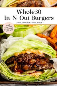 These Whole30 In-N-Out burgers are just as good as they sound and look. Two thin hamburger patties, brushed with mustard; loaded with pickle slices, deeply caramelized onions, a creamy sauce spiked with my Whole30 ketchup recipe, coconut aminos, and relish; all sandwiched between two perfect iceberg lettuce "buns". Inspired by everyone's favorite West Coast burgers, these burgers are made with totally real food and are paleo, Whole30, and low-carb friendly.