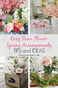 Easy Faux Flower Spring Arrangements. Ideas using faux flowers, ribbon and containers make pretty spring arrangements for your home decor.