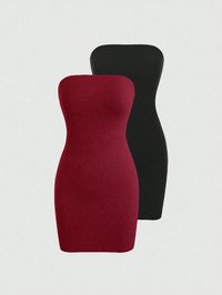 Women's Fashion Solid Color Slim Fit Strapless Dress, Versatile Multicolor Sexy  Sleeveless Knitted Fabric Plain Bodycon Medium Stretch  Women Clothing, size features are:Bust: ,Length: ,Sleeve Length: