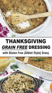 2hr · 8 servings

 

This healthy thanksgiving dressing is completely grain and gluten free! It’s made southern style with a gluten free giblet style gravy!

Recipe video on my blog!

Ingredients:
 • For the Grain Free Thanksgiving Dressing:
 • 1 Batch of my Paleo Cornbread
 • 3 Pieces of Any Grain Free Bread, toasted (you can use any type of regular gluten free bread too)
 • 3 Chicken Thighs
 • 1 C. Green Bell Pepper, de-seeded & chopped
 • 1 C. Yellow Onion, diced
 • 1 C. Celery, finely chopped
 • 2 Tbsp Grass-fed Ghee, Avocado Oil, or Virgin Coconut Oil
 • 4 C. Chicken Broth
 • 2 Tbsp Dried Sage
 • 1 tsp Dried Thyme
 • 2 tsp Sea Salt
 • Black Pepper, to taste
 • 2 Egg, whisked

Directions:
 • Thanksgiving Dressing (Prep the Night Before):
 • Make a batch of my Paleo Corn Bread. Let it c