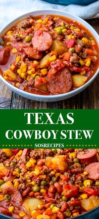 This hearty cowboy stew is made with ground beef, kielbasa smoked sausage, beans, potatoes and a variety of veggies. This slow cooker recipe is easy and very delicious.