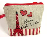 Make Up Bag in Linen with Red Eiffel Tower Applique