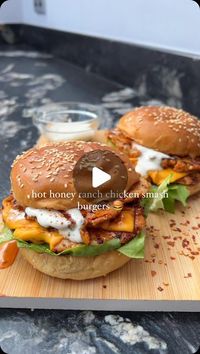 Alex Hughes | Fitness & Food on Instagram: "Hot honey ranch chicken smashburgers 🤤🤌🏻

These are the tastiest chicken burgers ever thin smashed chicken patties brushed with hot honey, layered with cheese and ranch sauce 🔥. 

Such a quick and easy recipe to throw together after a long day 💗 448 calories and 33g protein per burger 

Add to your favourites for your next burger night ✅

Ingredients (serves 2): 
20g runny honey 
Tsp hot sauce
Chilli flakes 
250g fat chicken mince @heckfooduk 
Tsp garlic granules 
Tsp onion granules
Tsp smoked paprika
2 light cheese slices 
2 brioche buns
Roundhead lettuce leaves 
20g ranch sauce @newmansownuk 

💗In a bowl, mix together the honey, hot sauce and chilli flakes set to one side. 

💗Then, season the chicken mince with the garlic granules, onion