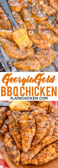 Georgia Gold BBQ Chicken - seriously delicious!!! Grilled chicken basted in a delicious homemade honey mustard bbq sauce. Yellow mustard, dijon mustard, cider vinegar, molasses, honey, butter, worcestershire sauce, garlic powder, black pepper, onion powder, cayenne pepper, oregano and seasoned salt. Can make BBQ sauce ahead of time and refrigerate until ready to cook chicken. This stuff is AMAZING! Perfect for you next cookout!! #grilling #bbqsauce #grilledchicken