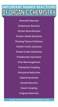 These are the important named reactions of organic chemistry that you have to pay attention on. Save the pin so that you will never miss these reactions. Visit the website to get help in chemistry assignment.