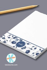 ad: Blue & white soccer balls accent monogrammed notepad | many more color combinations are available #soccernotepads #soccerstationery