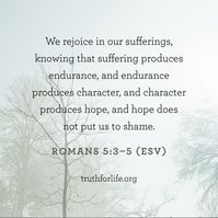 We rejoice in our sufferings,.
knowing that suffering produces
endurance, and endurance
produces character, and character
produces hope, and hope does
not put us to shame.

Truth For Life on Instagram