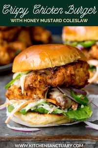 My Tried and Tested Crispy Chicken Burger with Honey Mustard Coleslaw is Soo Amazing. Using my secret recipe for making the perfect Crispy Chicken served on a toasted brioche bun, with jalapenos and lettuce. Waaay better than takeout! #ChickenBurger #Fakeaway #CrispyChicken #ChickenRecipes #Takeout #ButtermilkChicken