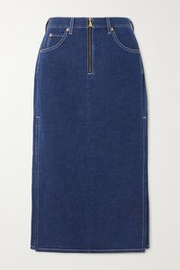 Gucci is switching up it's denim washes this season to "blur the line between vintage and contemporary." Spliced with slits at the sides, this skirt is cut from the fabric in a classic dark-blue and features a glossy gold-tone zip.